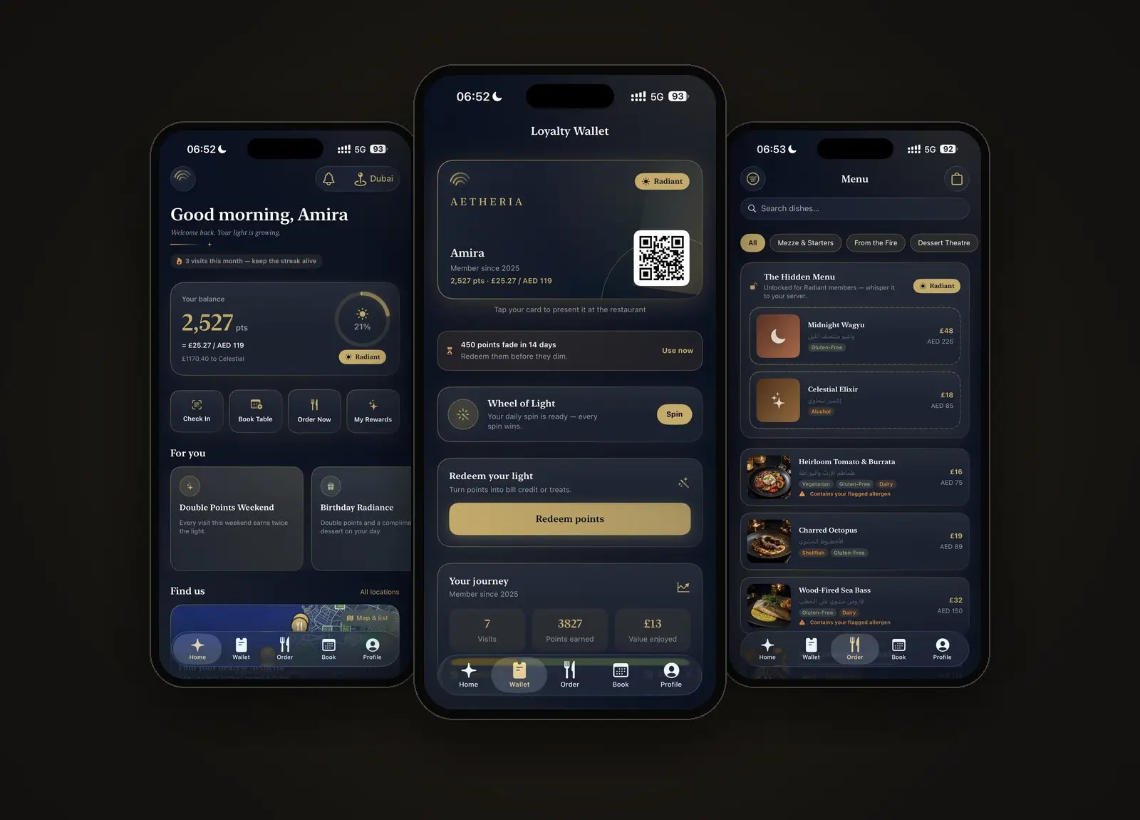Aetheria Rewards demo loyalty app on three phones