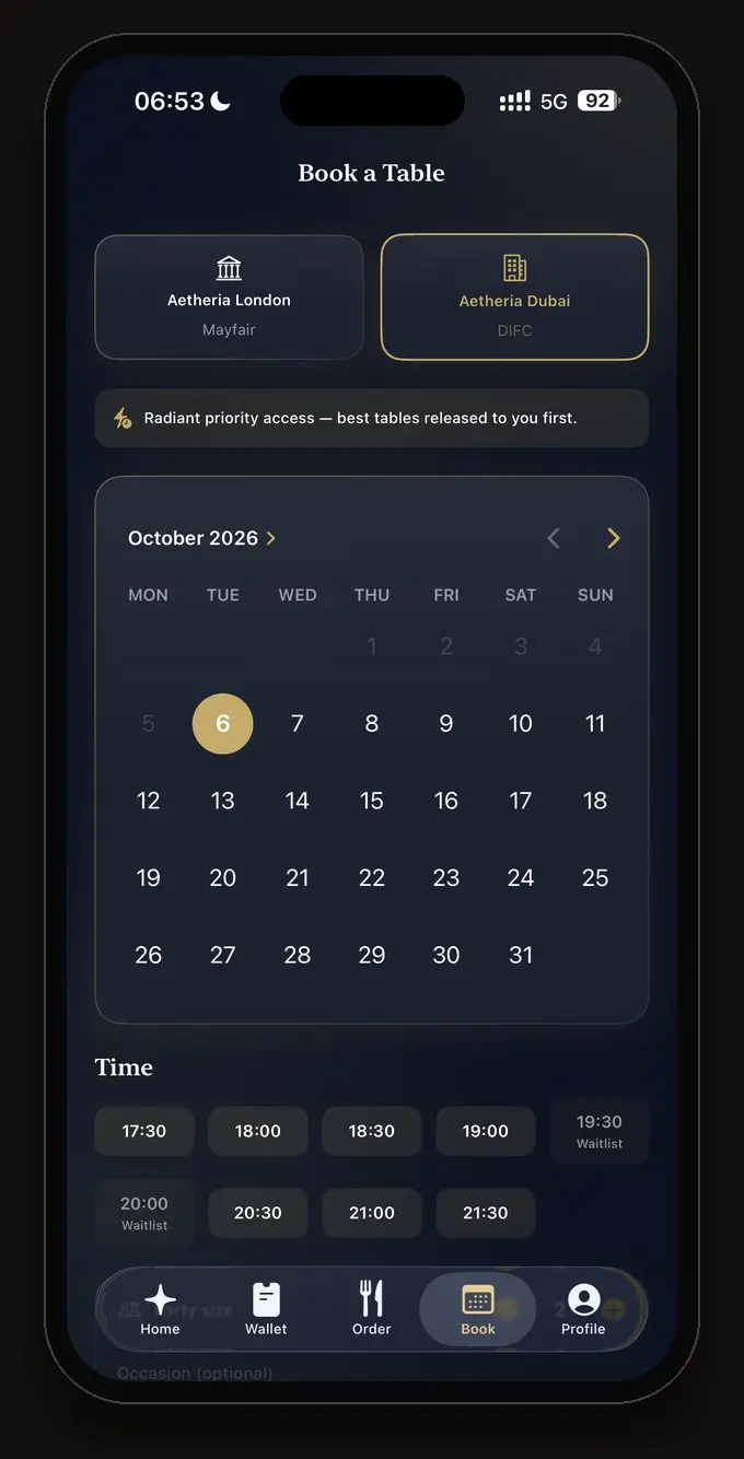 Aetheria Rewards table booking screen