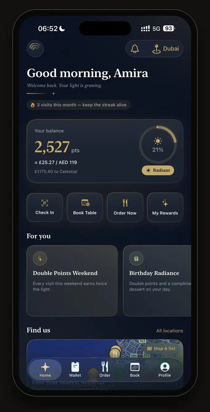 Aetheria Rewards app home screen with points balance
