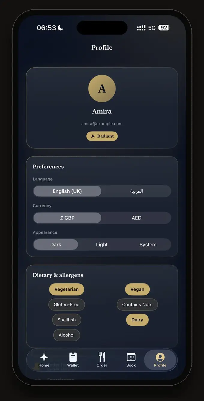 Aetheria Rewards profile with language and currency settings
