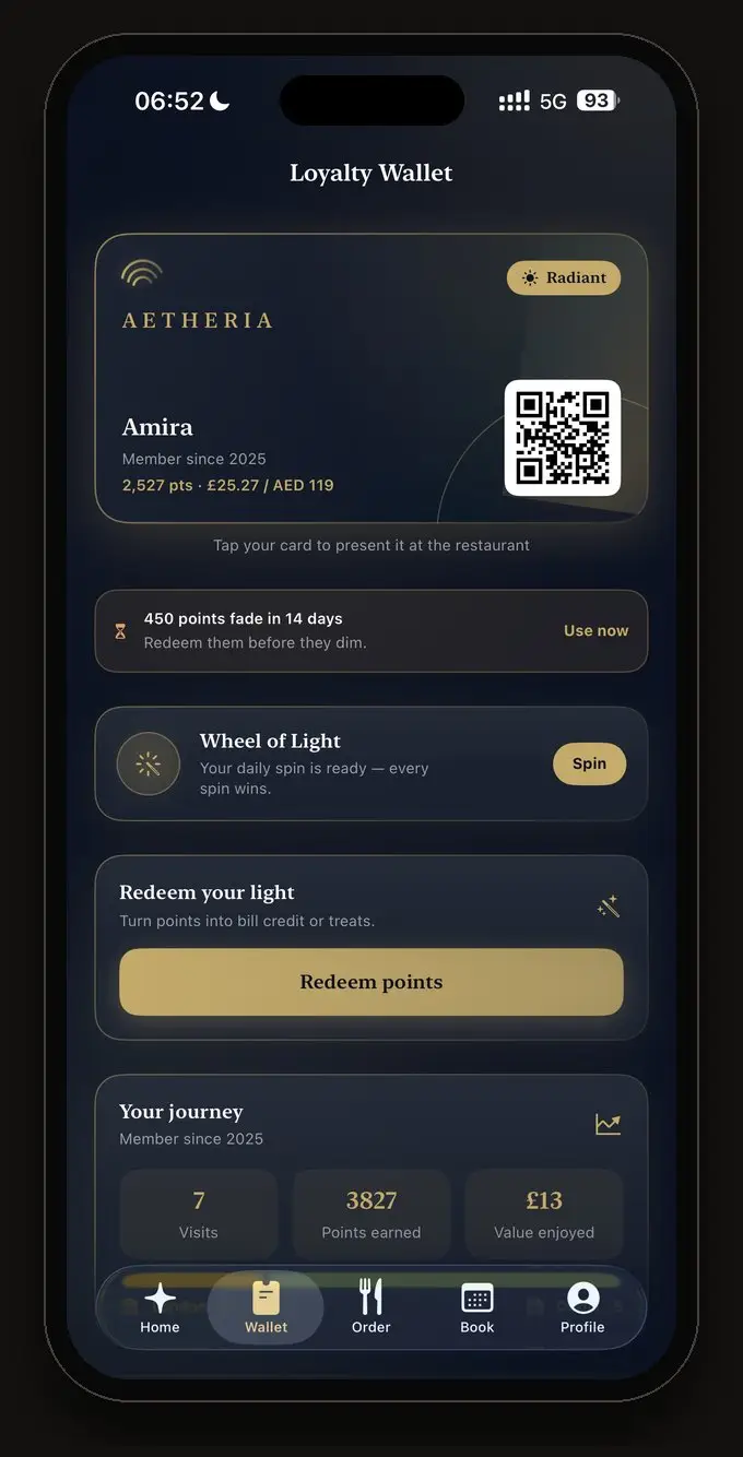 Aetheria Rewards loyalty wallet card with QR code
